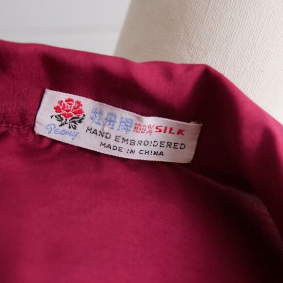 70s Burgundy Floral Embroidered Silk Blouse - Picture 3 of 6